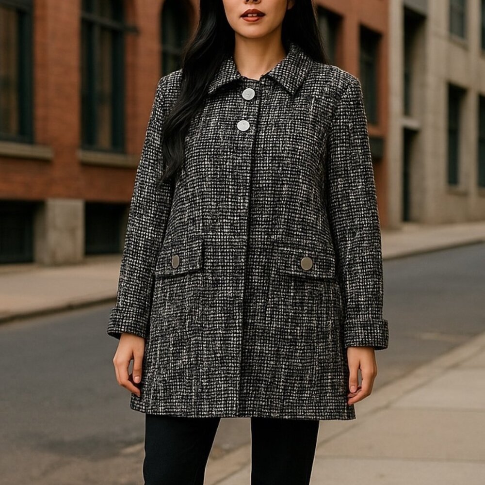 Adrienne Vittadini Women's Pea Coat Button Black Gray Tweed Size 6 Wool Blend